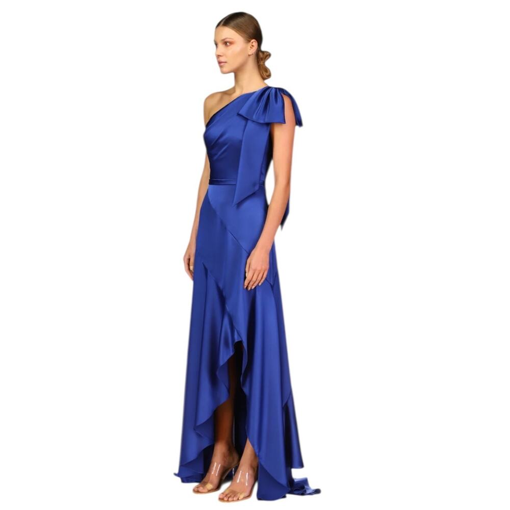 THEIA Ariel One-Shoulder High-Low Satin Gown in Cobalt Blue AsymmetrIc 10 NWT